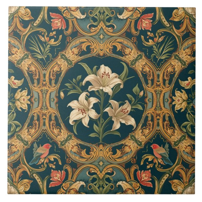 Elegant Vintage Nouveau Floral Birds Kakelplatta (Framsidan)