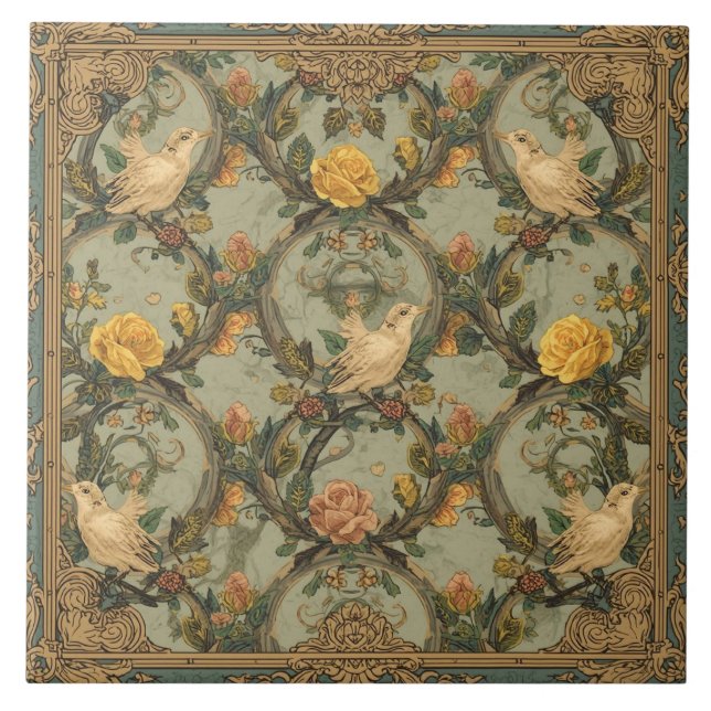 Elegant Vintage Nouveau Floral Birds Kakelplatta (Framsidan)