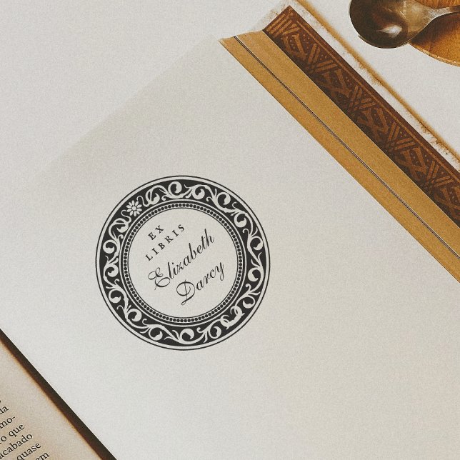 Elegant Vintage Omsorgsfullt Utförd Rund Ex Libris Stämpel (Rubber Stamp Mock-up)