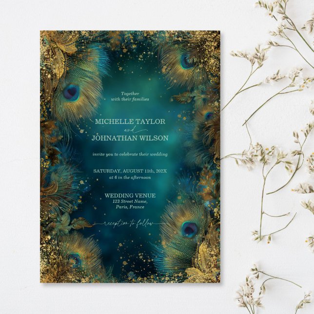 Elegant Vintage Påfågel Fjäder Förtrollad Skog Inbjudningar (Elegant Vintage Peacock Feather Enchanted Forest Invitation)