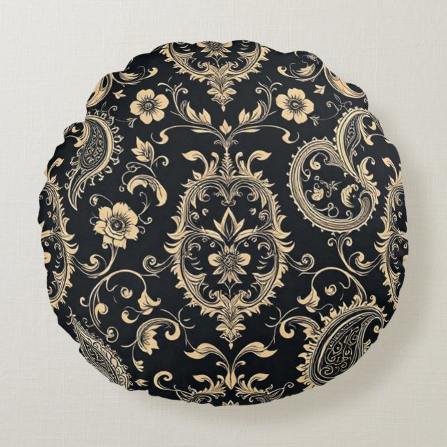 Elegant Vintage Paisley Damask Mönster Rund Kudde (Framsidan)