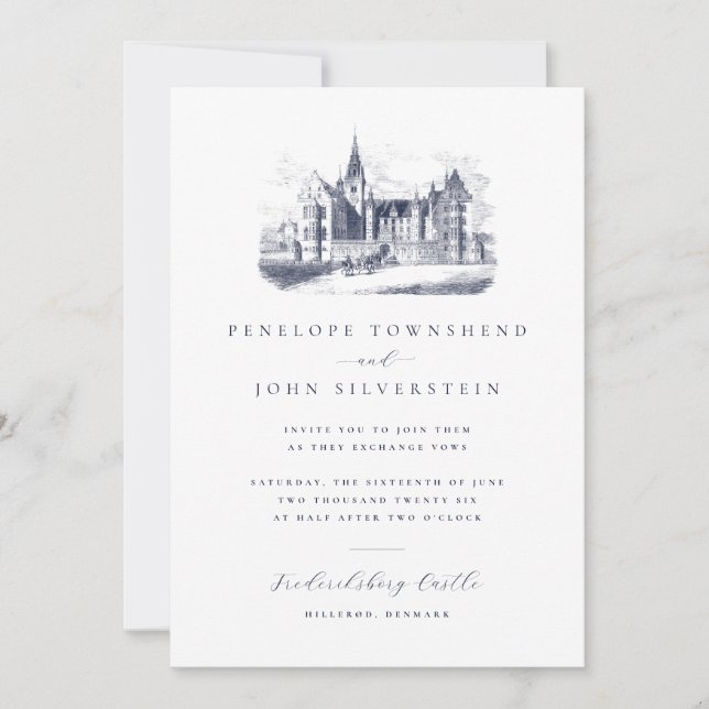 Elegant Vintage Palace Teckning Destination Weddin Inbjudningar (Framsida)