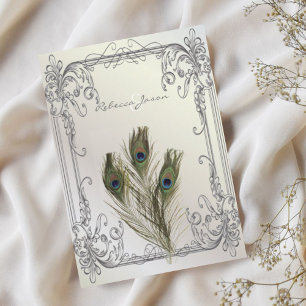 elegant vintage pärlstav pärl floral påfågel bröll inbjudningar