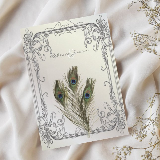 elegant vintage pärlstav pärl floral påfågel bröll inbjudningar (elegant vintage pearl floral peacock wedding invitation)