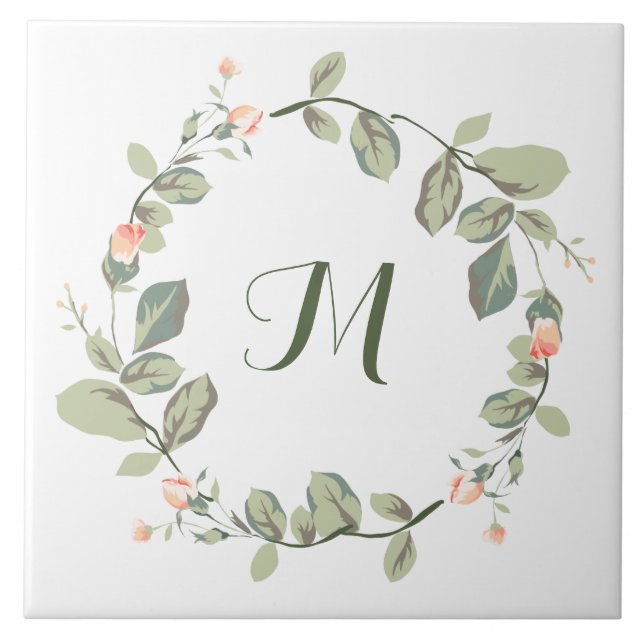 Elegant Vintage Peach Ro Greenery Monogrammed Kakelplatta (Framsidan)