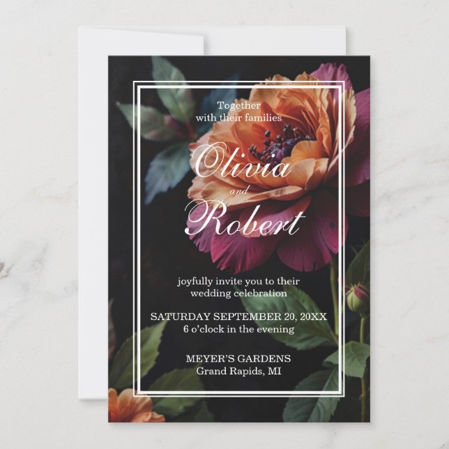 Elegant vintage peacherröd blommigt moody Bröllop Inbjudningar (Framsida)