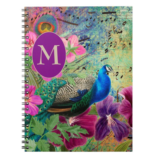 Elegant Vintage Peacock Blue Grönt Monogram Anteckningsbok (Framsidan)