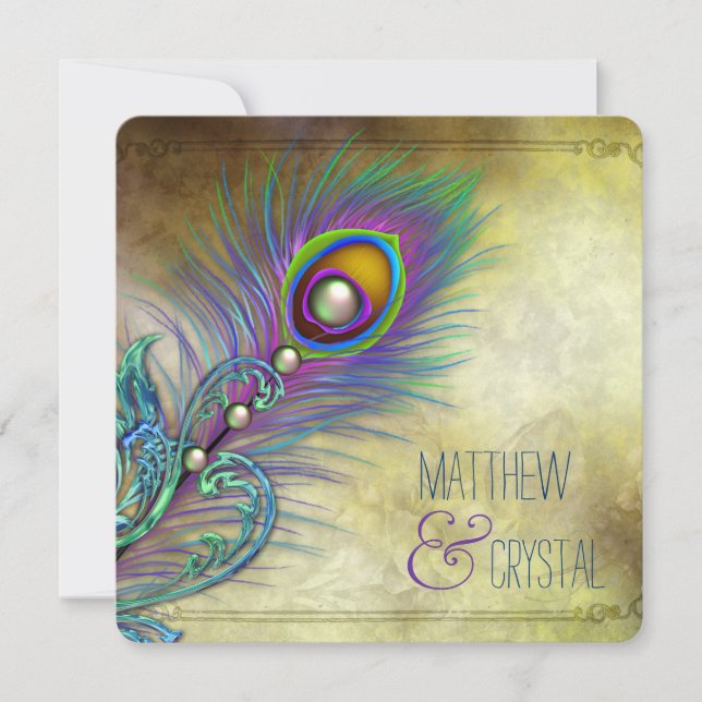 Elegant Vintage Peacock Bröllop Inbjudningar (Framsida)