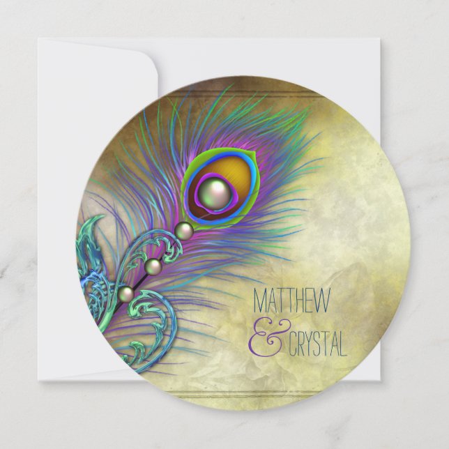 Elegant Vintage Peacock Bröllop Inbjudningar (Framsida)
