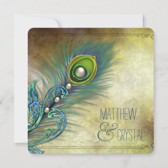 Elegant Vintage Peacock Bröllop Inbjudningar (Framsida)