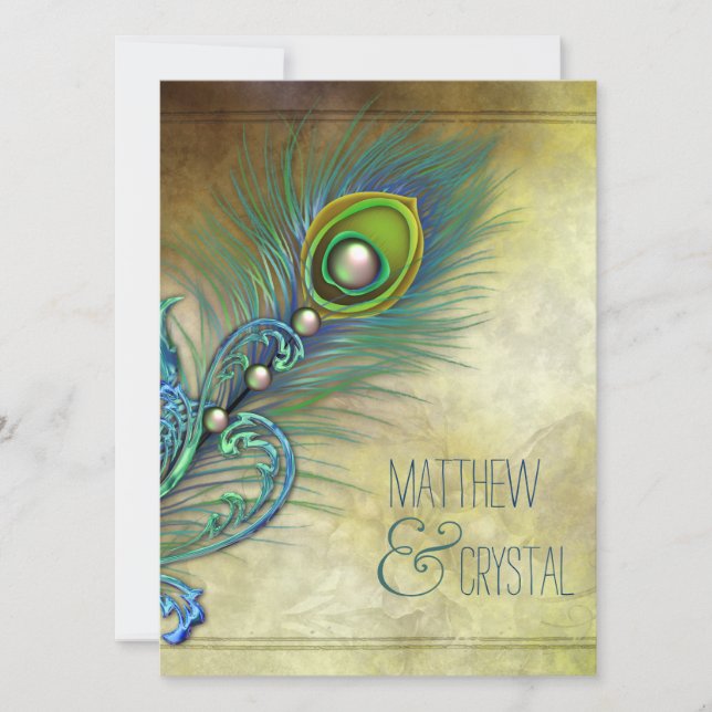 Elegant Vintage Peacock Bröllop Inbjudningar (Framsida)