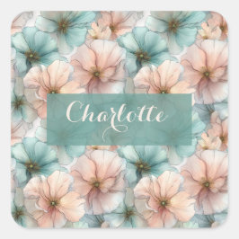 Elegant Vintage Pink & Green Floral Personalized Fyrkantigt Klistermärke