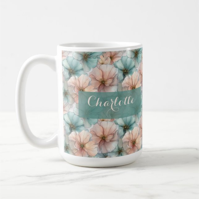 Elegant Vintage Pink & Green Floral Personalized Kaffemugg (Vänster)
