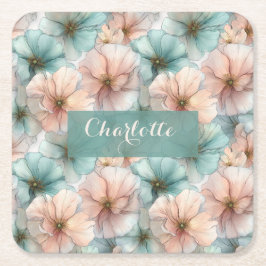 Elegant Vintage Pink & Green Floral Personalized Underlägg Papper Kvadrat