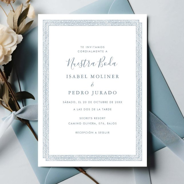 Elegant Vintage Prydnad Blå Nuestra Boda Bröllop Inbjudningar (Skapare uppladdad)