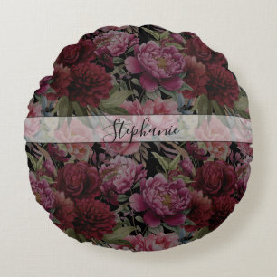 Elegant Vintage Red and Rosa Blommigt Monogram Rund Kudde