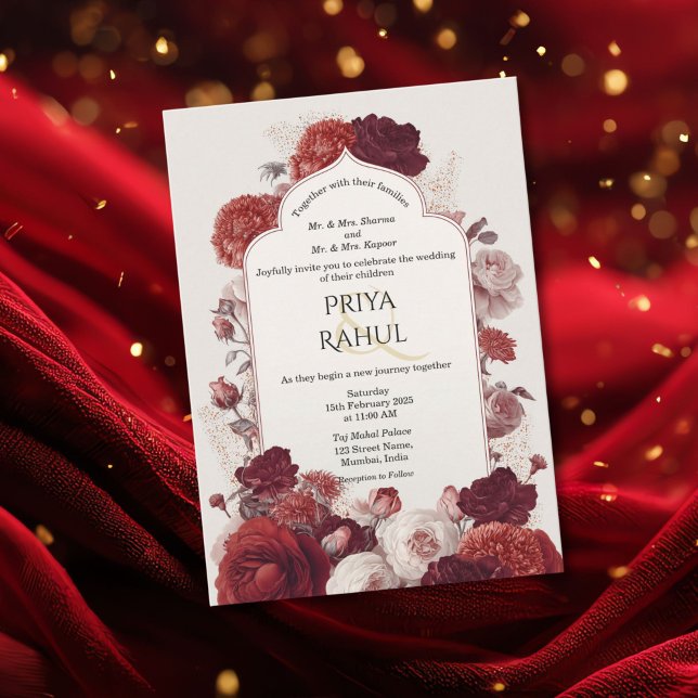 Elegant Vintage Red Floral Indian Wedding Inbjudningar (Indian wedding invitation with the indian arch and red flowers)