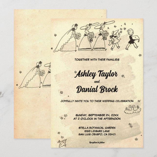 Elegant Vintage Retro Brudtärnor Klassiskt Bröllop Inbjudningar (Fram/baksida)