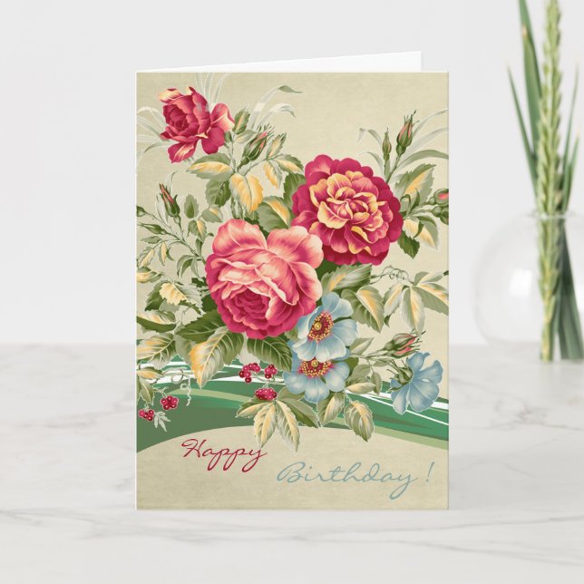 Elegant Vintage Ro Blommigt Birthday Kort (Framsida)