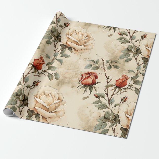Elegant Vintage Ro Flower Beige Blommigt Presentpapper (Utrullad)