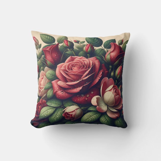 "Elegant Vintage Ro och tulpaner med regndroppar" Kudde (Framsida)