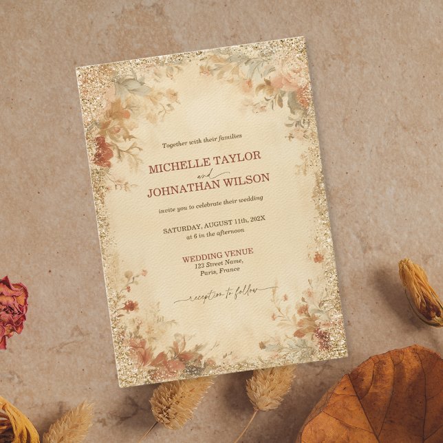 Elegant Vintage Rococo Victorian Blommigt Bröllop Inbjudningar (rococo baroque floral wedding invitation in earth tones with gold glitter details)
