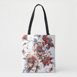 Elegant Vintage Röd & Blå Blommig Handväsk Klass Tygkasse
