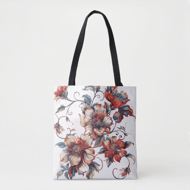 Elegant Vintage Röd & Blå Blommig Handväsk | Klass Tygkasse (Framsida)