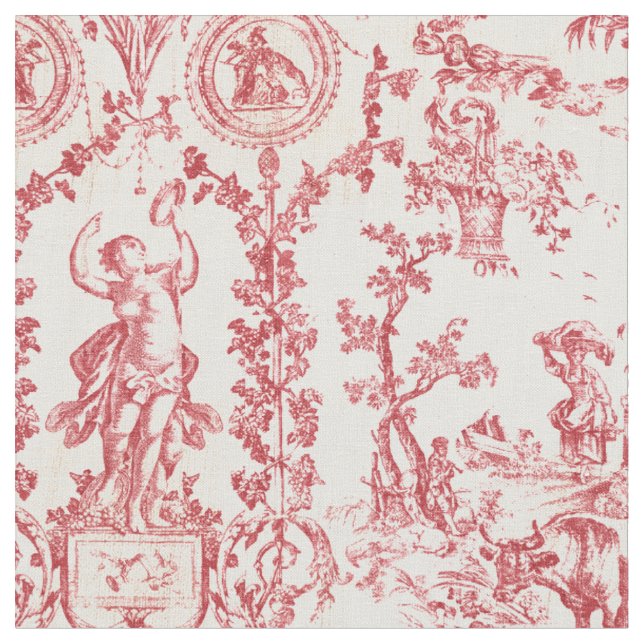 Elegant Vintage Röd Fransk Landsbygd Toile Tyg (Närbild)
