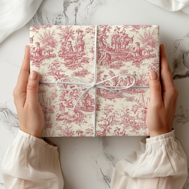 Elegant Vintage Röd Fransk Toile de Jouy Presentpapper (Skapare uppladdad)