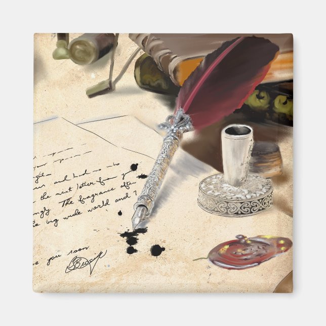 Elegant vintage röd ludd - penna och bläckhål magnet (Framsidan)