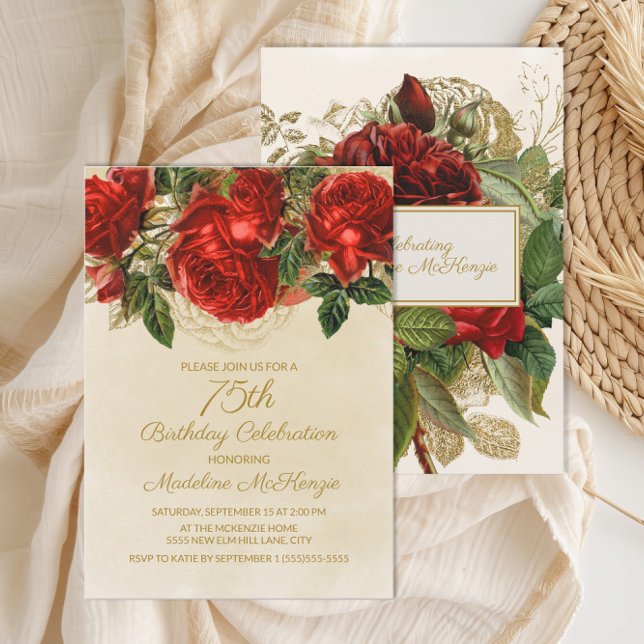 Elegant Vintage Röd ros 75:e födelsedag Inbjudningar (Elegant vintage red roses on cream 75th birthday party invitation)