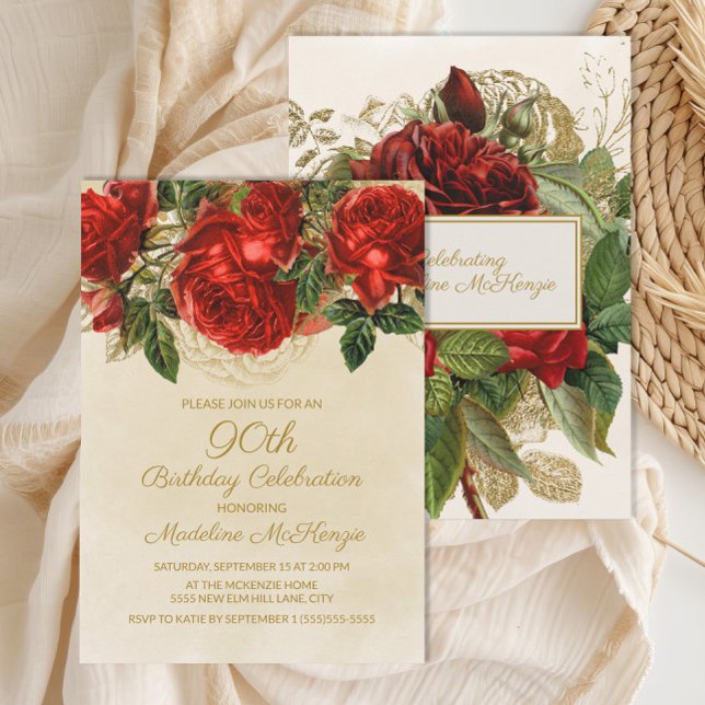 Elegant Vintage Röd ros 90:e födelsedag Inbjudningar (Elegant red roses 90th birthday invitation)