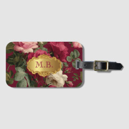 Elegant Vintage Röd Ros Blommig Monogrammerad Bagagebricka