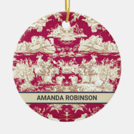 Elegant vintage röd sjö toile de jouy monogram julgransprydnad keramik
