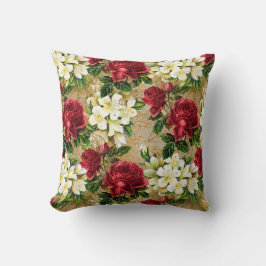 Elegant Vintage Röda Rosor Vita Blommor Brun Kudde