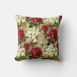 Elegant Vintage Röda Rosor Vita Blommor Brun Kudde