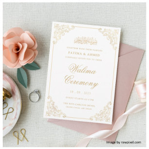 Elegant Vintage Rokoko Guld Ram Walima Ceremoni Inbjudningar