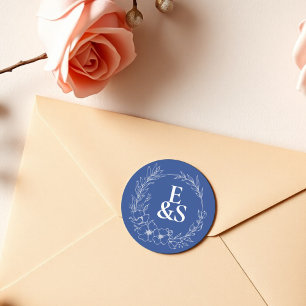 Elegant Vintage Romantik Blue Monogram Bröllop Runt Klistermärke