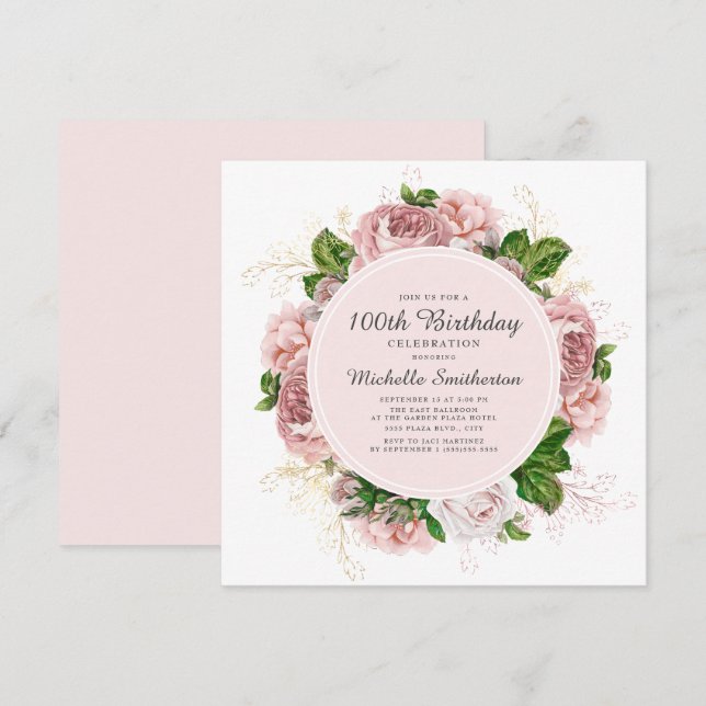 Elegant Vintage Rosa Blommig 100-årsdag Inbjudningar (Fram/baksida)