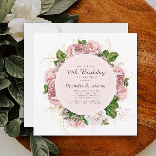 Elegant Vintage Rosa Blommig 30-års Födelsedag Inbjudningar (Elegant pink vintage roses 30th birthday party invitation)