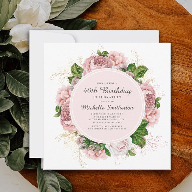 Elegant Vintage Rosa Blommig 40-årsdag Inbjudningar (Pink vintage floral 40th birthday party invitation)