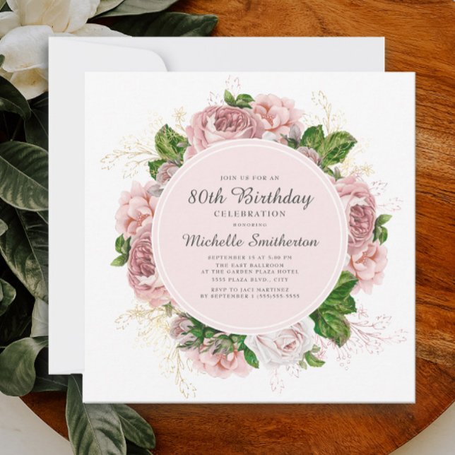 Elegant Vintage Rosa Blommig 80-årsfirande Inbjudningar (Pink vintage floral 80th birthday invitation)