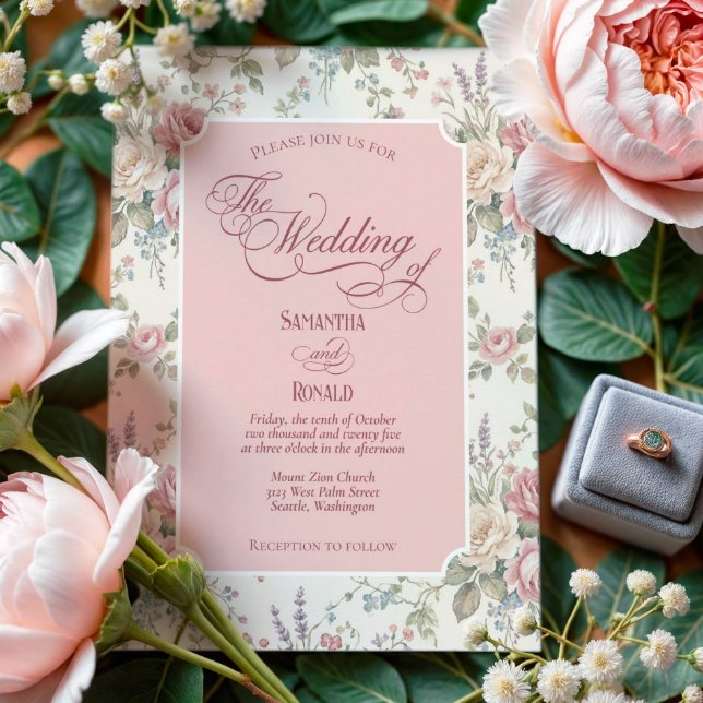 Elegant Vintage Rosa Blommig Rosenträdgård Inbjudningar (Skapare uppladdad)