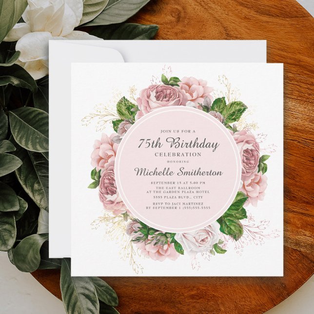 Elegant Vintage  Rosa Blommigt 75:e födelsedag Inbjudningar (Pink vintage floral 75th birthday invitation)