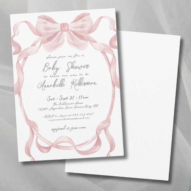 Elegant Vintage  Rosa Bow Baby Shower Inbjudningar (Elegant Vintage Blush Pink Bow Baby Shower Invitation)