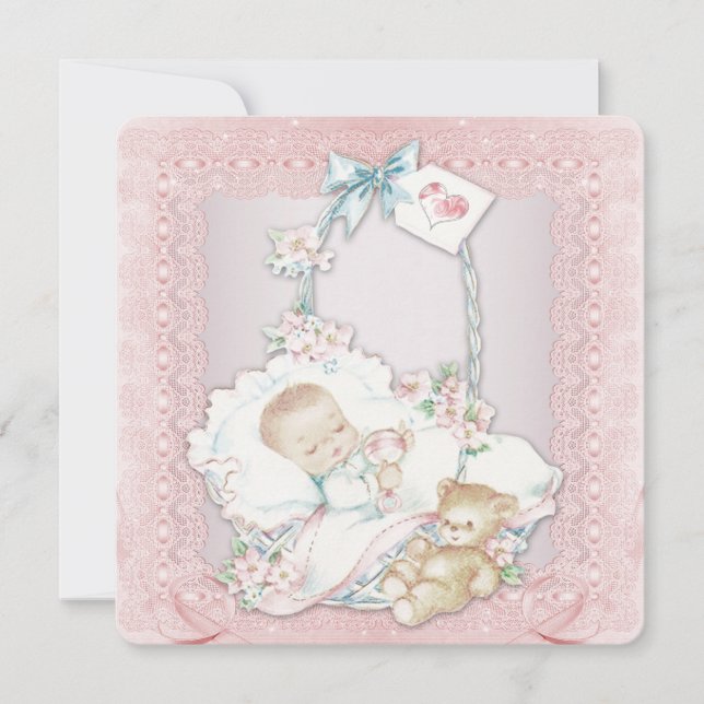 Elegant Vintage Rosa Flicka Shower Inbjudningar (Framsida)