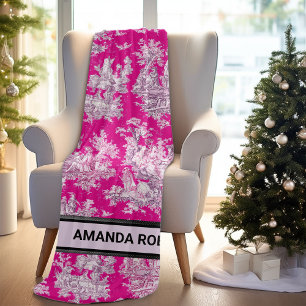 Elegant vintage rosa magenta sjö toile de jouy fleecefilt