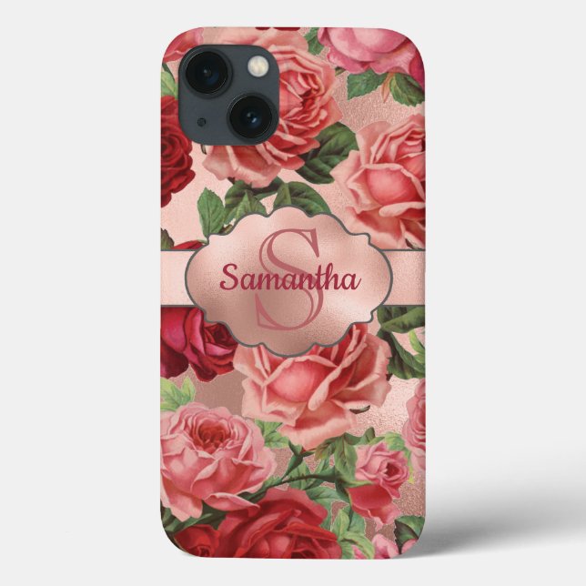 Elegant Vintage Rosa Röd ros Blommigt Monogrammad (Baksida)