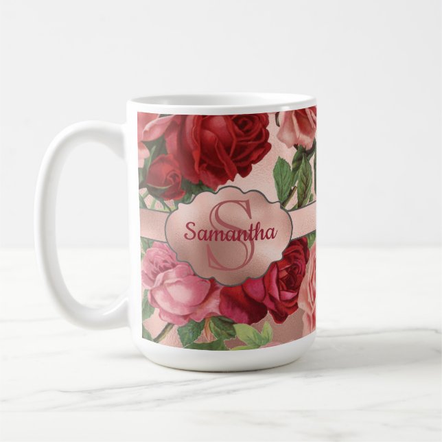 Elegant Vintage Rosa Röd ros Blommigt Monogrammad Kaffemugg (Vänster)